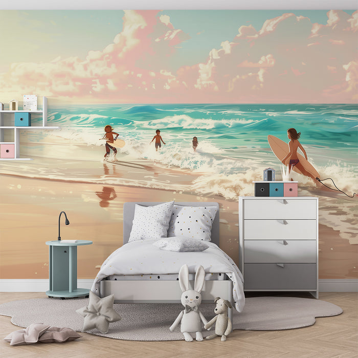 Papel pintado infantil | Aventura en la playa al atardecer