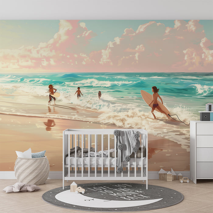 Papel pintado infantil | Aventura en la playa al atardecer