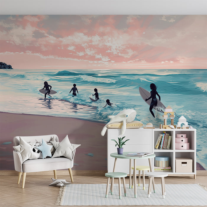 Papel pintado infantil | Surfistas al atardecer