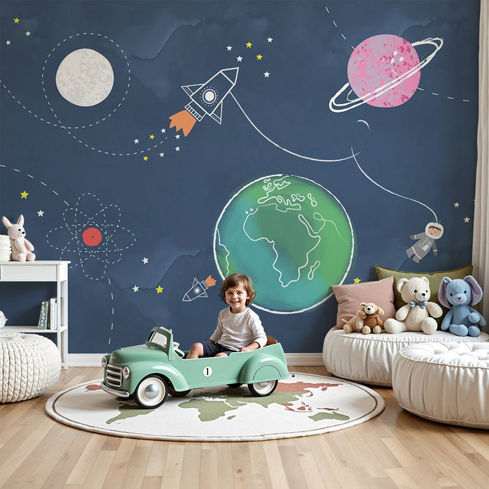 Lastenhuoneen tapetti | Sininen avaruusseikkailu ja värikkäät planeetat