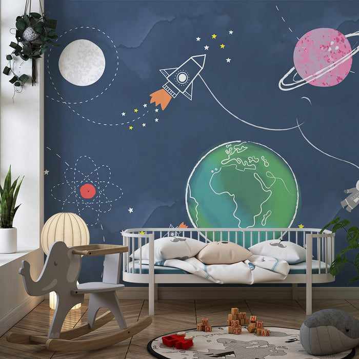 Lastenhuoneen tapetti | Sininen avaruusseikkailu ja värikkäät planeetat