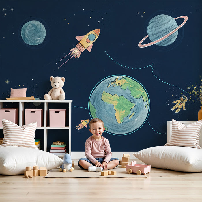 Lastenhuoneen tapetti | Avaruusseikkailu ja värikkäät planeetat sinisellä taustalla