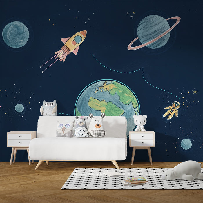Lastenhuoneen tapetti | Avaruusseikkailu ja värikkäät planeetat sinisellä taustalla