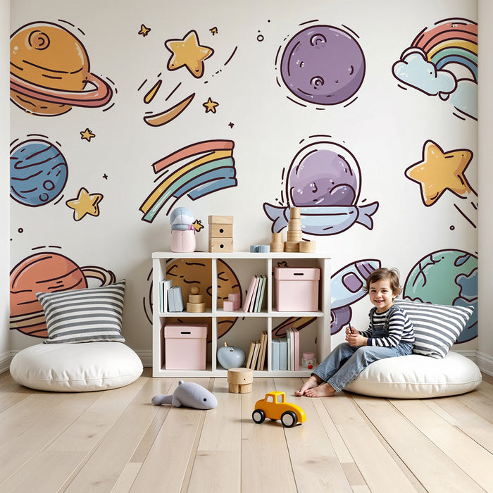 Papier peint espace fantaisie | Planètes et étoiles colorées