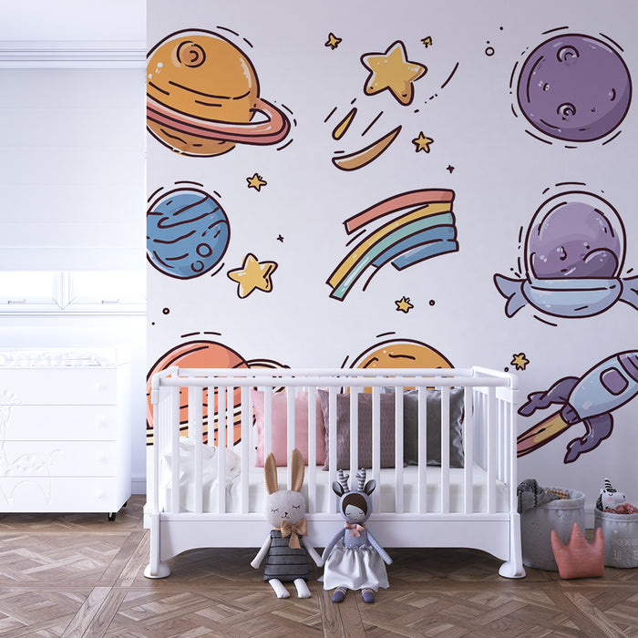 Papier peint espace fantaisie | Planètes et étoiles colorées