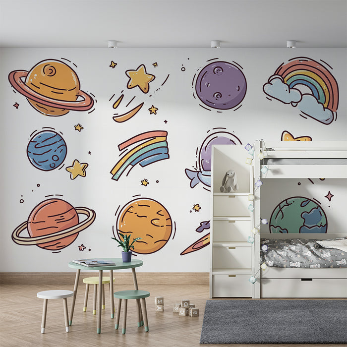 Papier peint espace fantaisie | Planètes et étoiles colorées