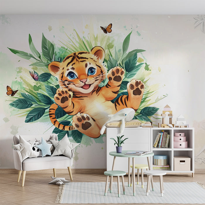 Børneværelse tapet | Spillende tiger og farverige sommerfugle