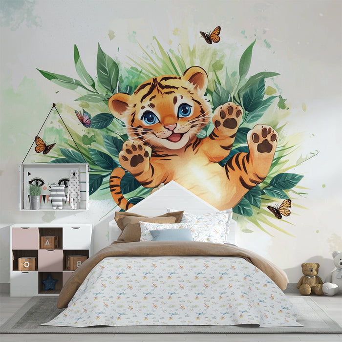 Børneværelse tapet | Spillende tiger og farverige sommerfugle