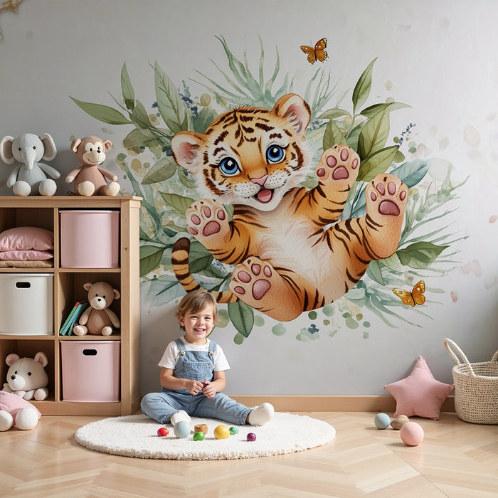 Tapet cameră copii | Tigru drăguț și fluturi