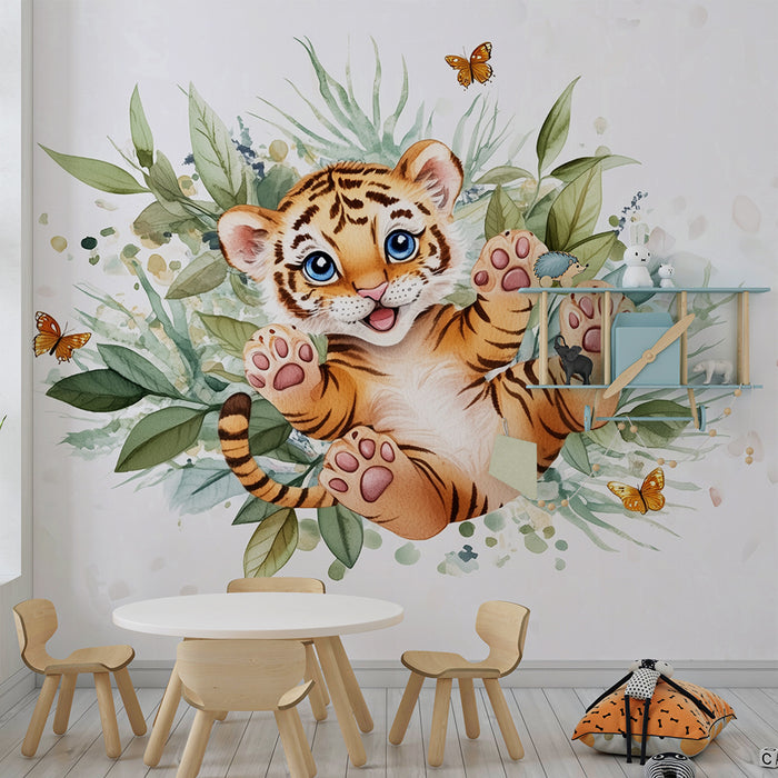 Tapet cameră copii | Tigru drăguț și fluturi