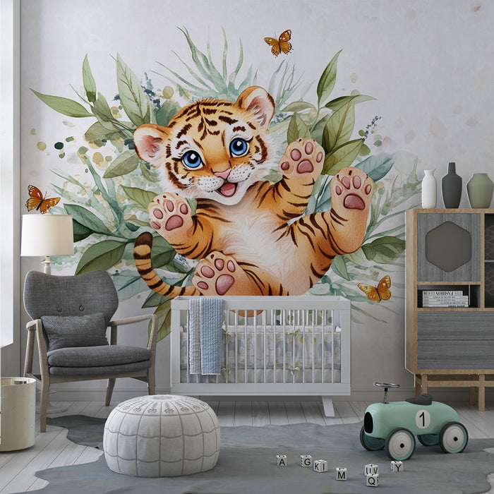 Tapet cameră copii | Tigru drăguț și fluturi