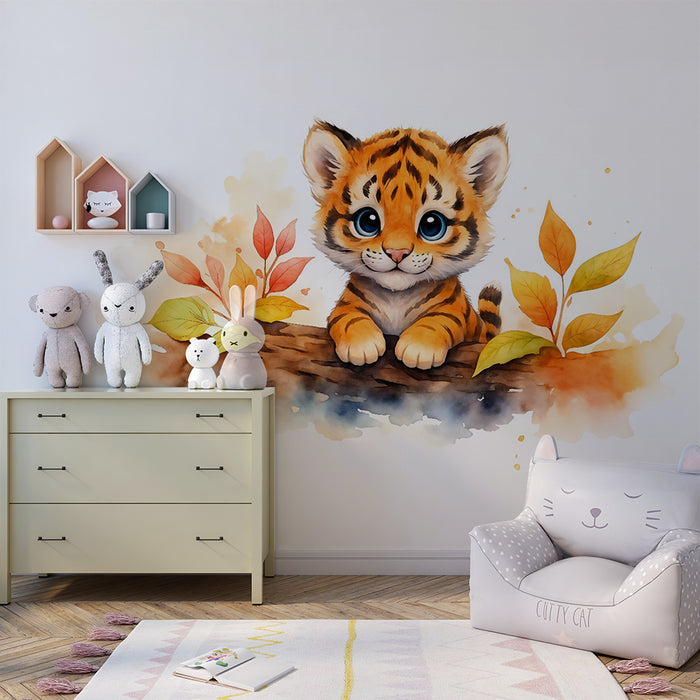 Børneværelse tapet | Sød lille tiger og efterårsblade