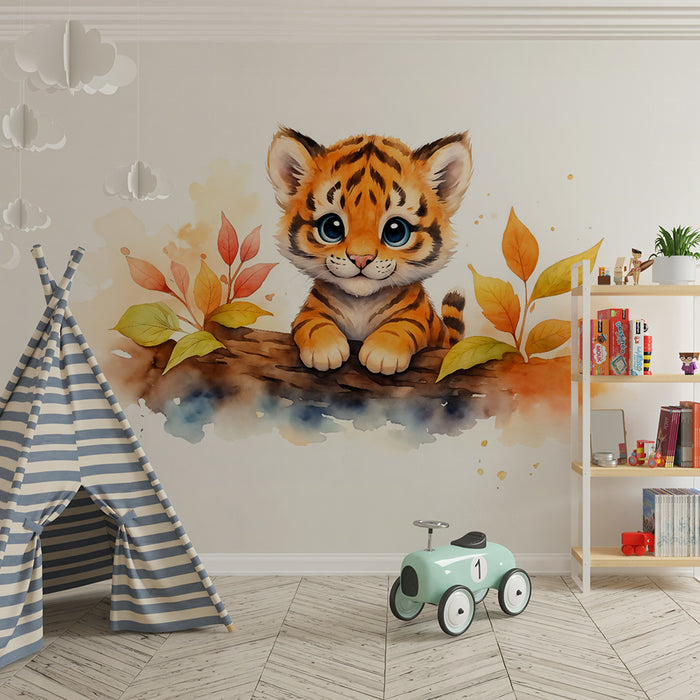 Børneværelse tapet | Sød lille tiger og efterårsblade