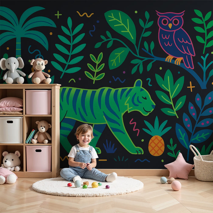 Tapet barnerom | Fargerik jungel med tiger og ugle