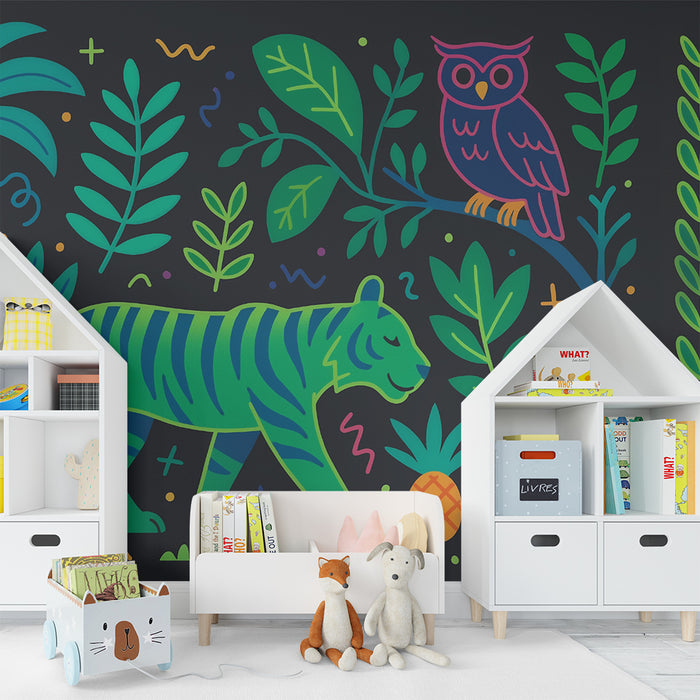 Tapet barnerom | Fargerik jungel med tiger og ugle