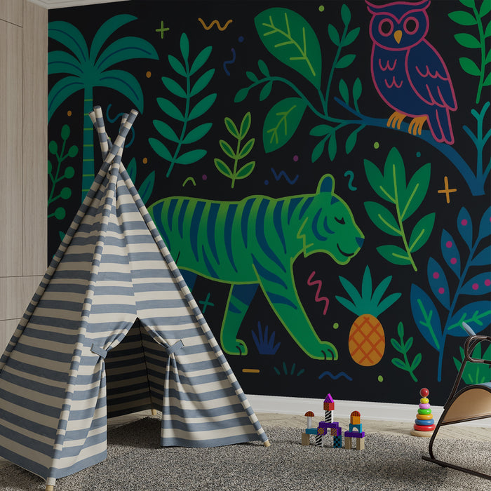 Tapet barnerom | Fargerik jungel med tiger og ugle