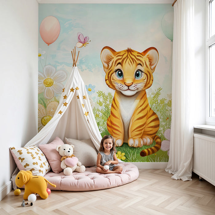 Børneværelse tapet | Lille tiger og farverige balloner