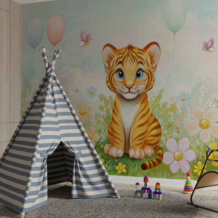 Børneværelse tapet | Lille tiger og farverige balloner