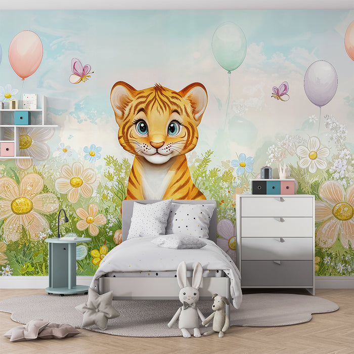 Børneværelse tapet | Lille tiger og farverige balloner