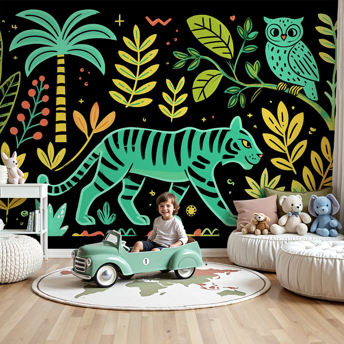 Børneværelse tapet | Eksotisk jungle og farverige dyr