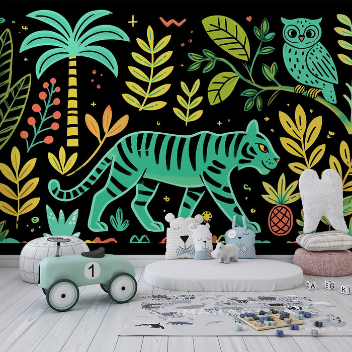 Børneværelse tapet | Eksotisk jungle og farverige dyr
