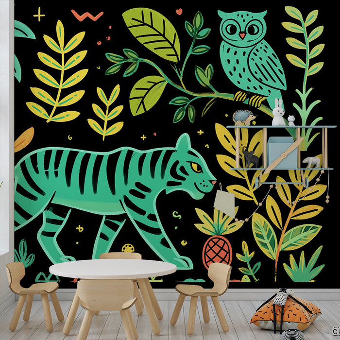 Børneværelse tapet | Eksotisk jungle og farverige dyr