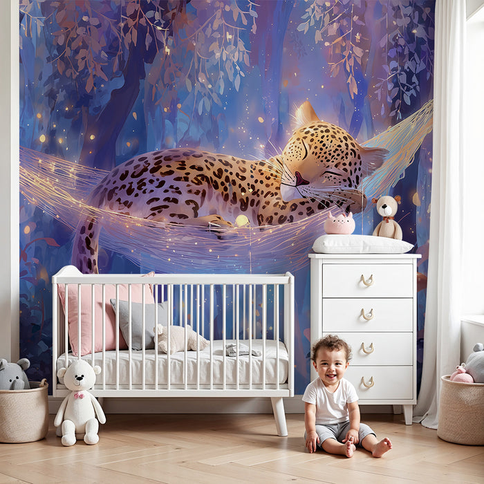 Papier peint féerique | Léopard endormi dans la forêt magique