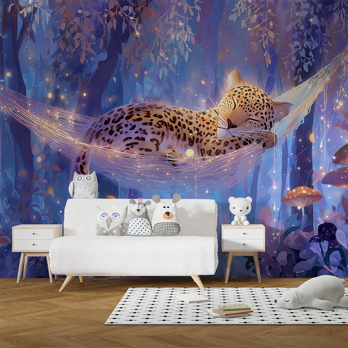 Papier peint féerique | Léopard endormi dans la forêt magique
