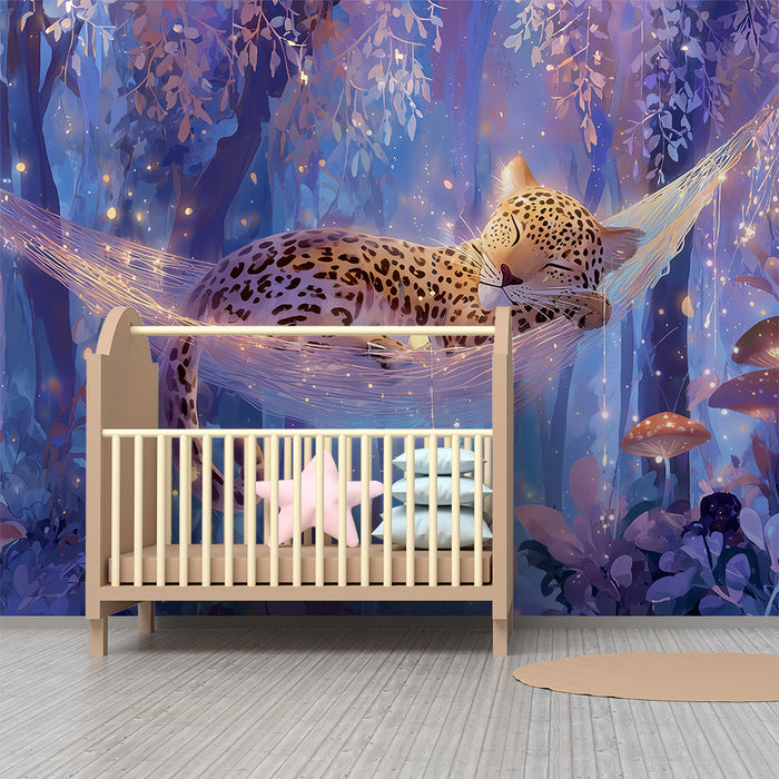 Papier peint féerique | Léopard endormi dans la forêt magique