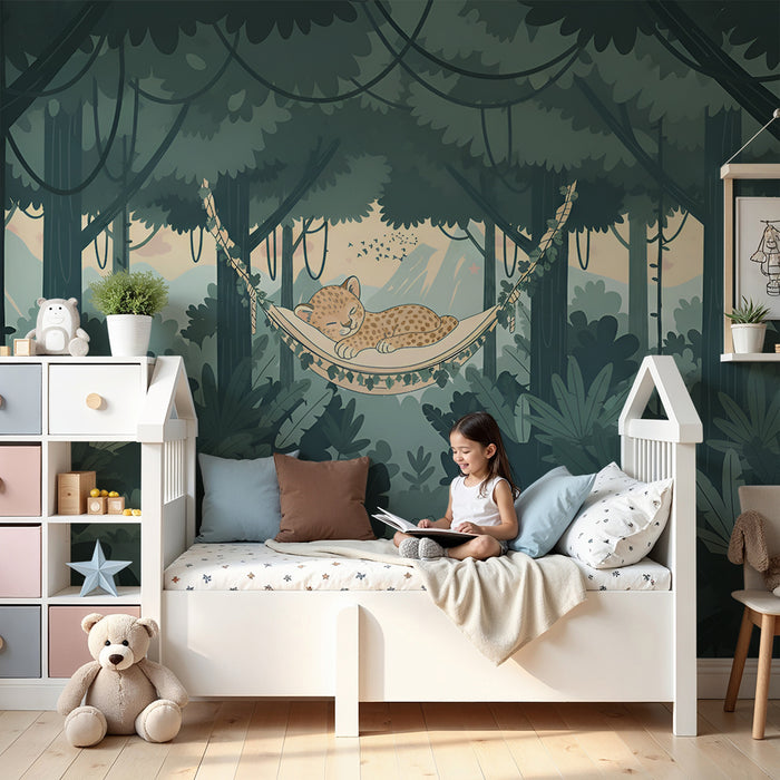 Papier peint chambre enfant | Léopard câlin dans la forêt