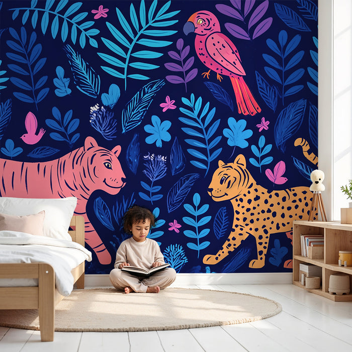 Χαρτί τοίχου παιδικού δωματίου | Νυχτερινή σαβάνα και εξωτικά ζώα