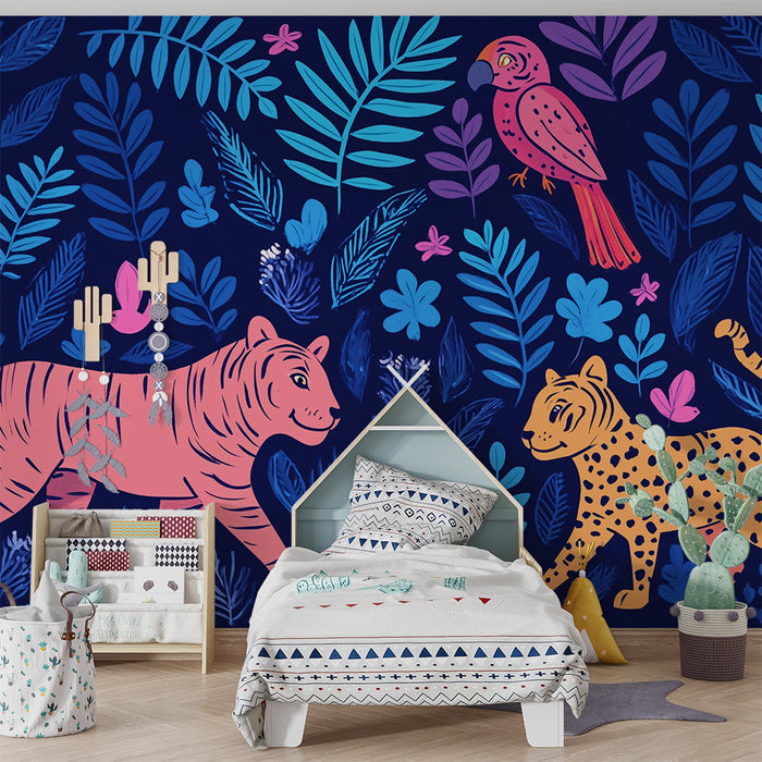 Χαρτί τοίχου παιδικού δωματίου | Νυχτερινή σαβάνα και εξωτικά ζώα
