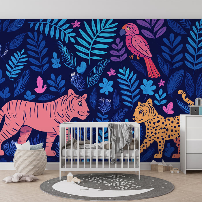 Χαρτί τοίχου παιδικού δωματίου | Νυχτερινή σαβάνα και εξωτικά ζώα