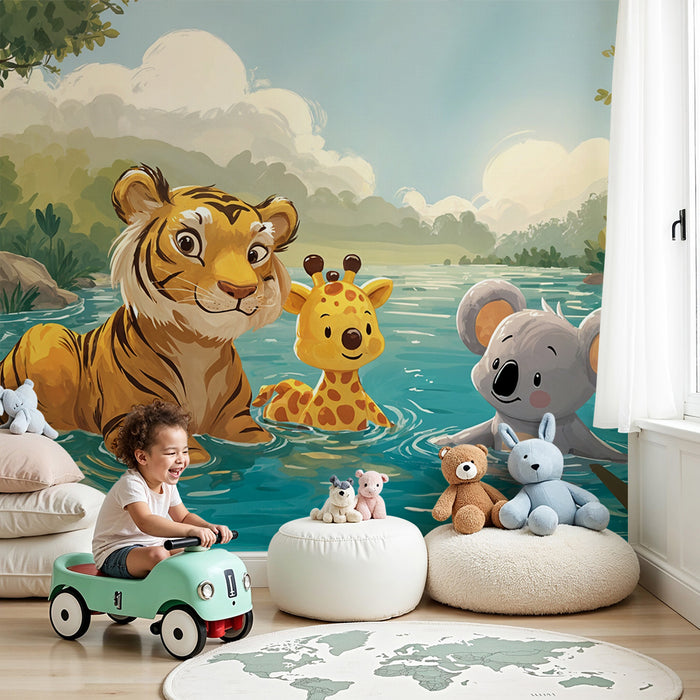Tapete mit Dschungeltieren | Verspielte und bunte Szene