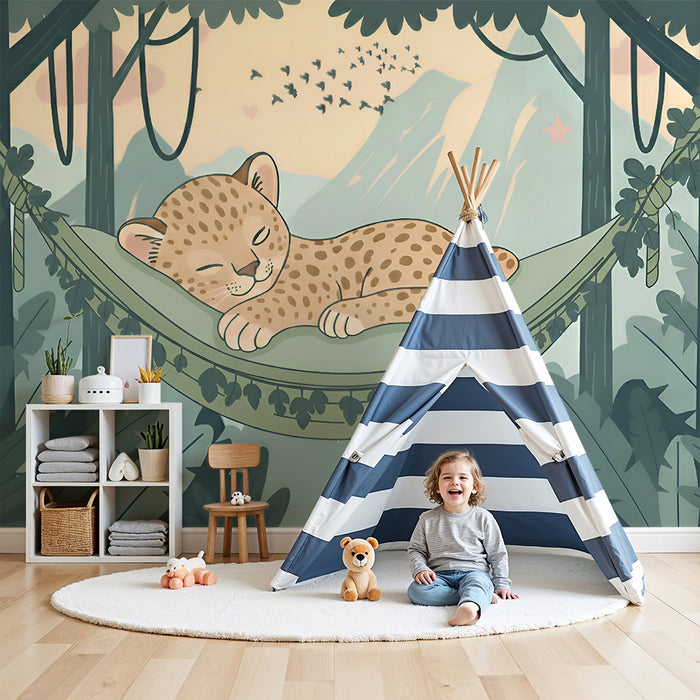 Papier peint chambre bébé | Léopard endormi et jungle douce