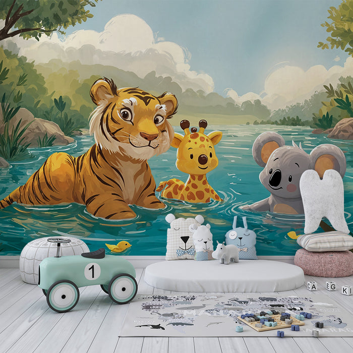 Tapete mit Dschungeltieren | Verspielte und bunte Szene