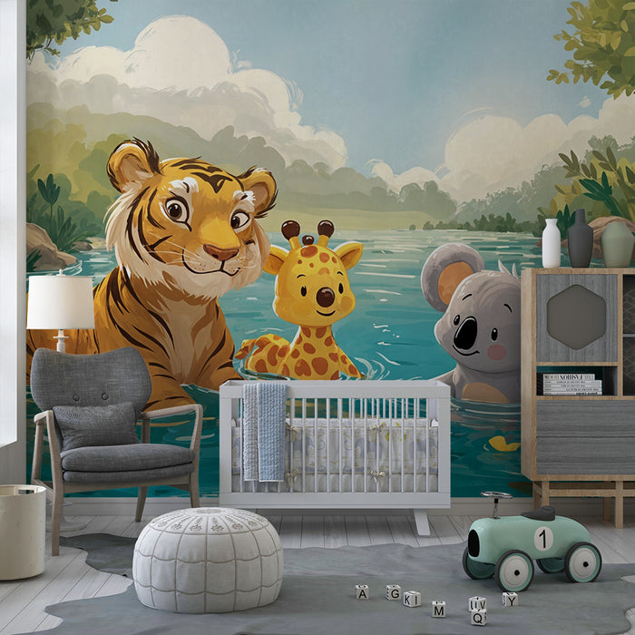 Tapete mit Dschungeltieren | Verspielte und bunte Szene