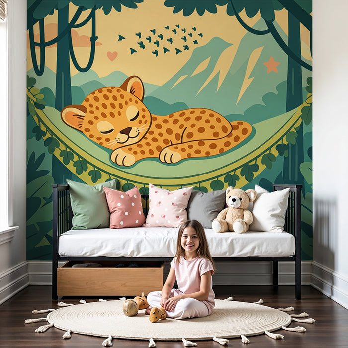 Papier peint chambre bébé | Petit léopard endormi en jungle