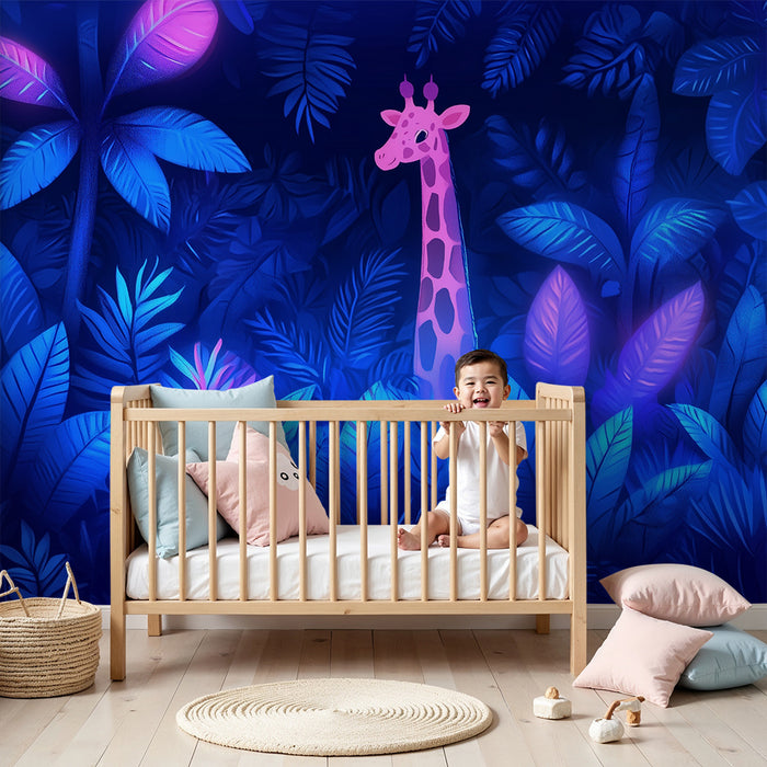 Papier peint chambre enfant | Girafe rose dans la jungle lumineuse