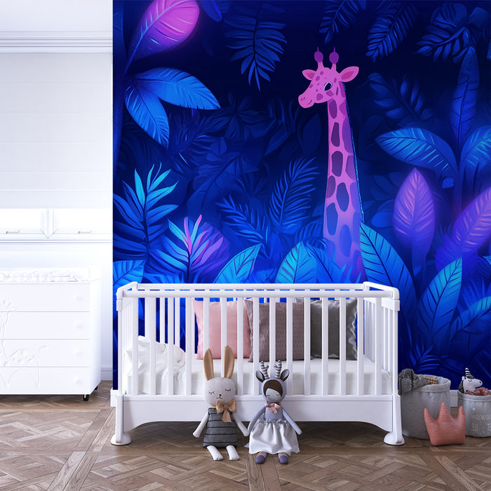Papier peint chambre enfant | Girafe rose dans la jungle lumineuse