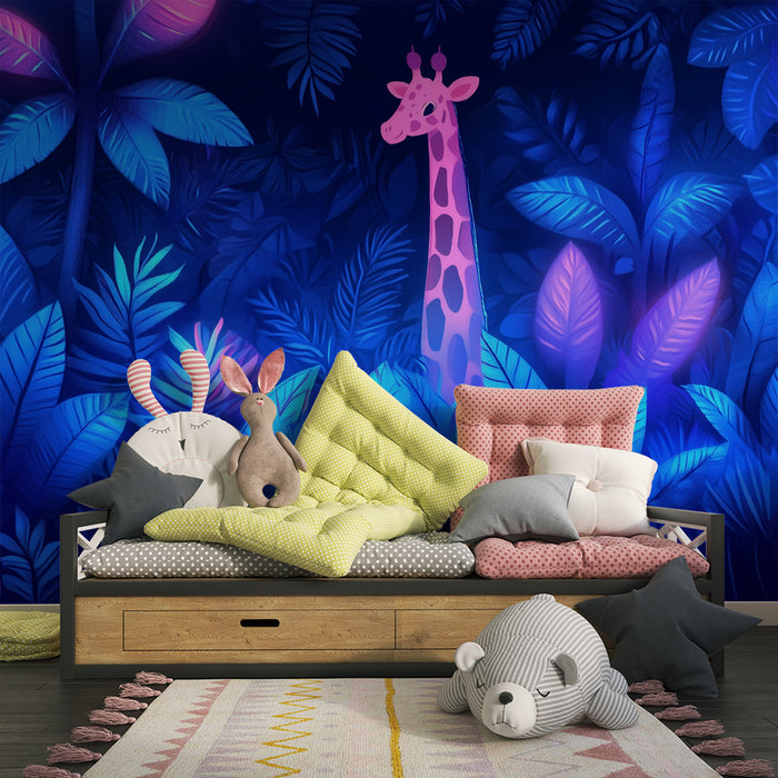 Papier peint chambre enfant | Girafe rose dans la jungle lumineuse