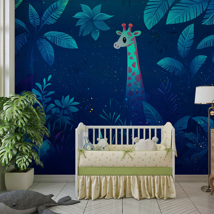 Babyzimmer Tapete | Giraffe und nächtliches tropisches Laubwerk