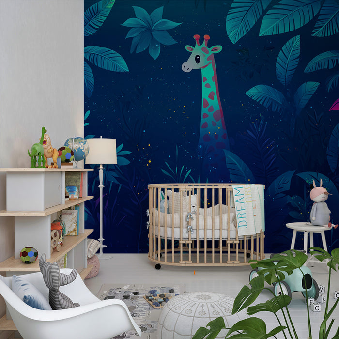 Babyzimmer Tapete | Giraffe und nächtliches tropisches Laubwerk