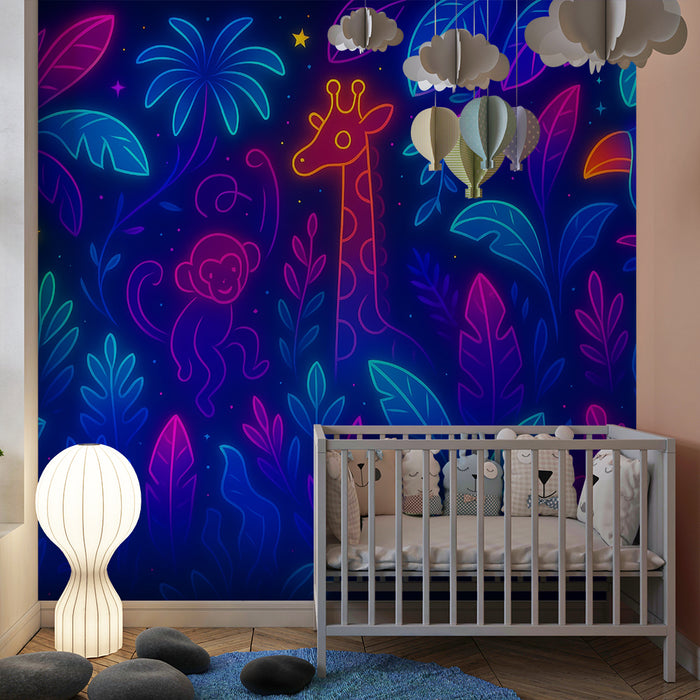 Tapet barnerom | Neon jungel og eksotiske dyr