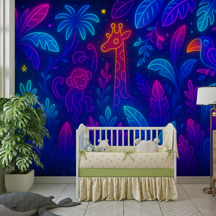 Tapet barnerom | Neon jungel og eksotiske dyr