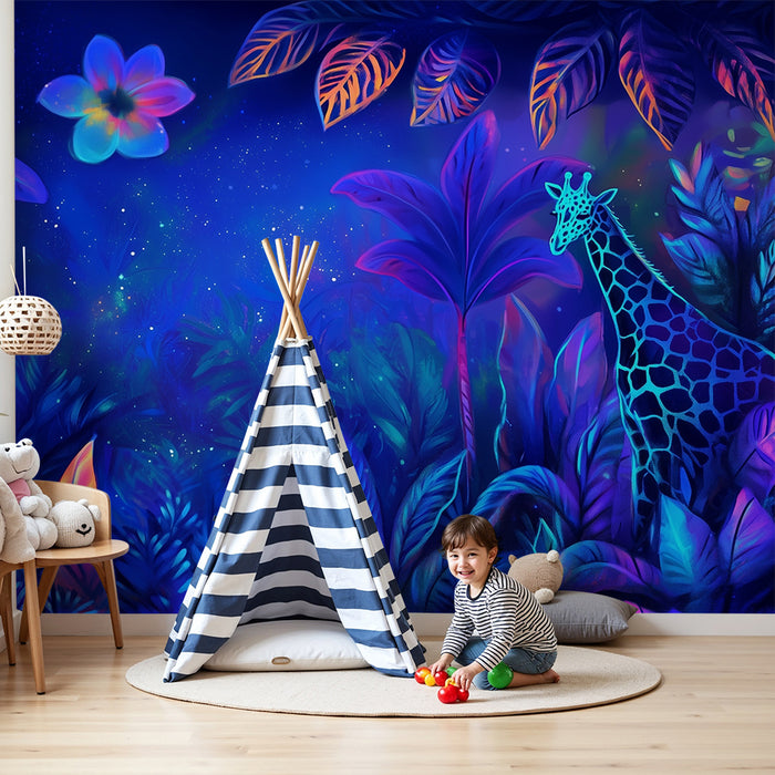Papel de parede criança | Neon jungle com girafa