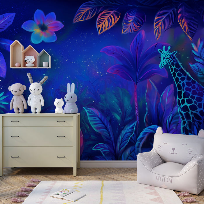 Papel de parede criança | Neon jungle com girafa