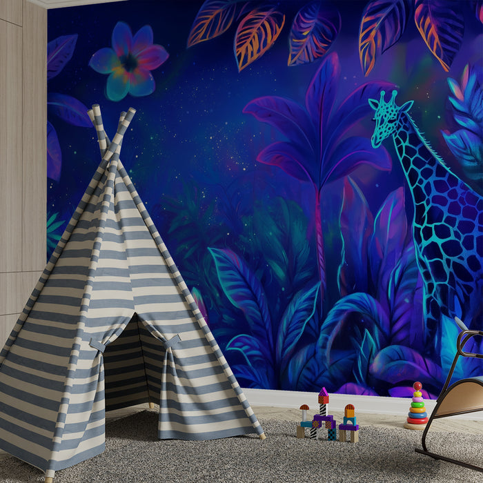 Papel de parede criança | Neon jungle com girafa