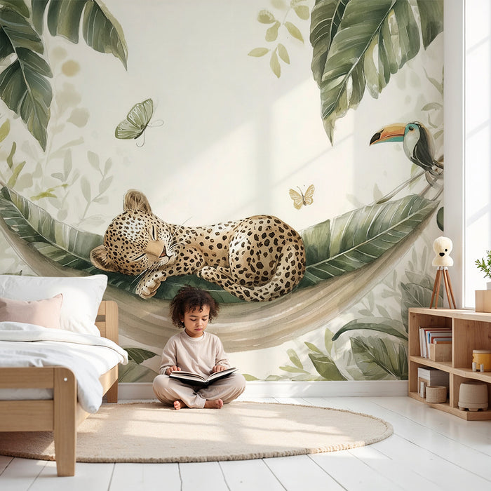 Papel pintado jungla | Niño con leopardo y tucán
