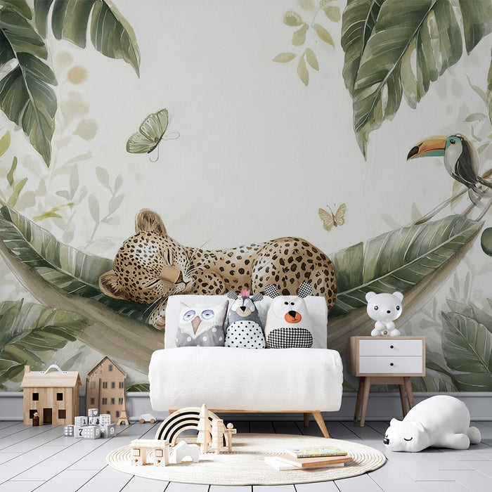 Papel pintado jungla | Niño con leopardo y tucán